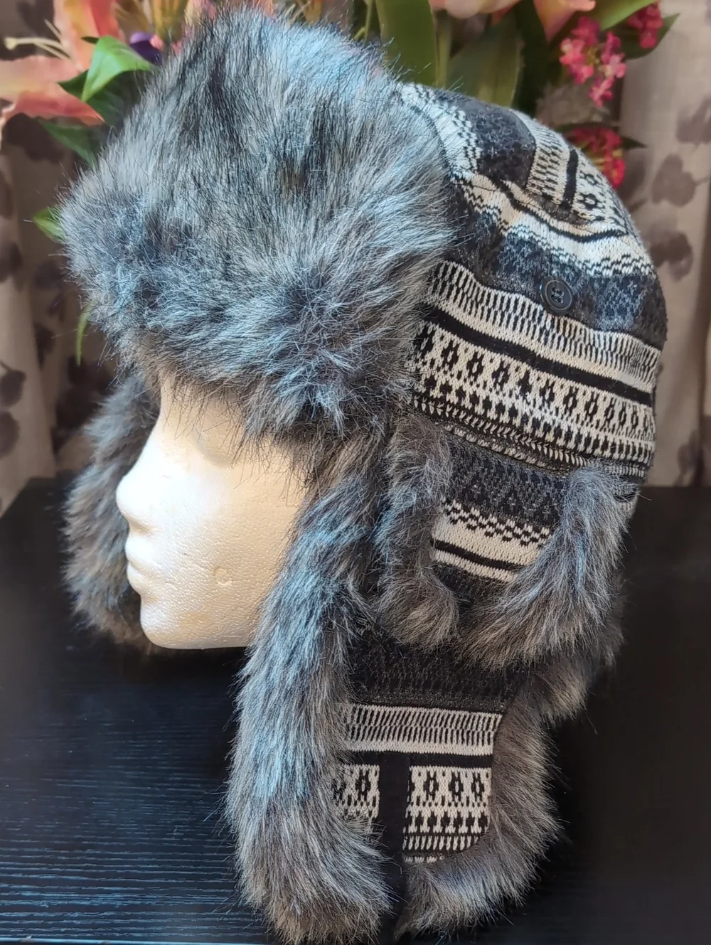 Grey Faux Fur Trapper Hat with Nordic Knit Pattern